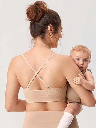 MOMANDA Ribbed Nursing Bras for Breastfeeding Support Maternity Sports Bra Wireless Seamless Sleep Bralettes Beige Medium - Image 3