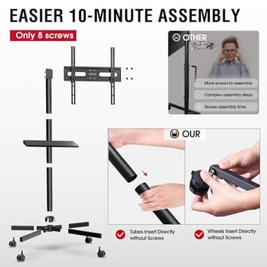 AOKCOS Rolling TV Stand - Mobile TV Stand on Wheels for 32-65 inch Flat/Curved TVs with Tilting, Height Adjustment Portable Rolling TV Cart Hold up to 88 Lbs for Livingroom, Bedroom, Office, Outdoor - Image 5