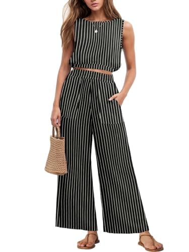 GRECERELLE 2 Piece Sets Summer Resort Wear for Women 2025 Sleeveless Crop Top Wide Leg Pants Sweat Set for Women Black Stripe-L - Image 1