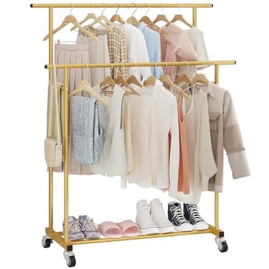 Calmootey Double Rod Clothing Garment Rack,Rolling Hanging Clothes Rack,Portable Clothes Organizer for Bedroom,Living Room,Clothing Store,Gold - Image 1