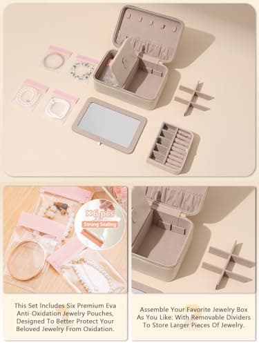 Lumayina Velvet Travel Jewelry Box with Large Mirror, Double-Layer Jewelry Organizer Case for Women and Girls, Portable Storage Case with 6 Anti-Tarnish Bags Gift Ready for Her (Beige) - Image 4