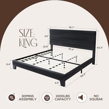 WEEWAY King Bed Frame Platform Bed with Velvet Upholstered Headboard and Wooden Slats Support, Heavy Duty Mattress Foundation, No Box Spring Needed, Easy Assembly, Black - Image 2