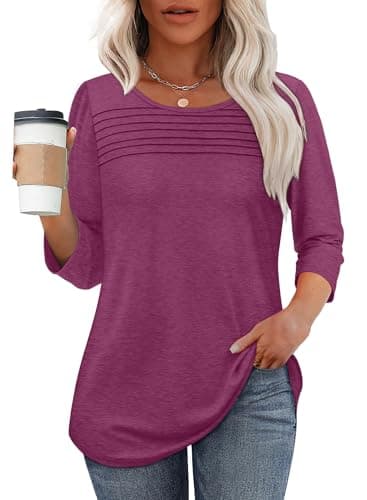 Womens Tops Dressy Casual Trendy Summer Blouses 3/4 Length Sleeves Pleated Front Loose Fit Tshirts Shirts Plus Size Womens Clothing Dusty Red 3XL - Image 2