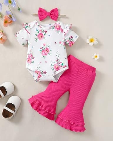 SUNNY PIGGY Baby Girl Clothes Ruffle Short Sleeve Romper Long Pants Set with Headband Newborn Infant Outfits RoseRed 3-6M - Image 2