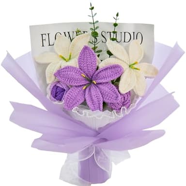 Wrapped Crochet Flowers Bouquet with Crochet Flowers of Lily & Rose for Home Decorations, Graduation Gifts, Anniversary Gifts, Get Well Gifts, Gift for Women Mom - Image 1