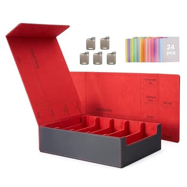 Venssu 5 Row Card Storage Box For Trading Cards With Dual-Function Playmat Lids,3800+ Mtg Deck Box With 24 Colorful Divider Tabs,Trading Card Storage Compatible with Magic Cards(Black and Red) - Image 1
