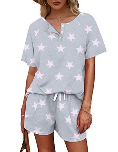 WIHOLL Pajama Sets for Women 2 Piece Outfits Henley Shirts Sleepwear Set Star Print-Grey 2XL - Image 3
