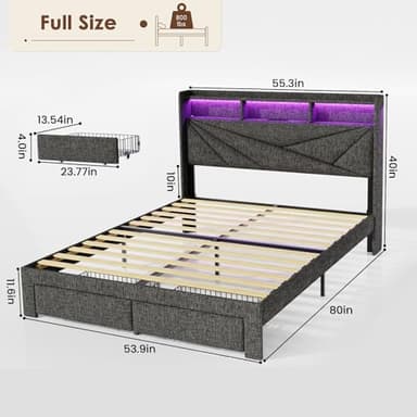 Driftalia LED Full Size Bed Frame with 2 Storage Drawers, Upholstered Full Bed Frame with Headboard and Charging Station, No Box Spring Needed, Easy to Assembly-Dark Grey - Image 2