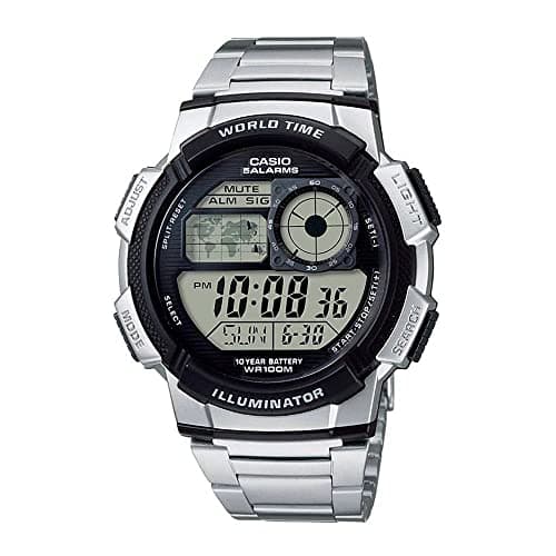 Casio AE1000WD Series | Men’s Digital Watch | Silver | 100M WR | Multi Alarms | 100 SEC Stopwatch | Countdown Timer | World Map for World Time | LED Light | LC Analog Display | 10 Year Battery