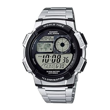 Casio AE1000WD Series | Men’s Digital Watch | Silver | 100M WR | Multi Alarms | 100 SEC Stopwatch | Countdown Timer | World Map for World Time | LED Light | LC Analog Display | 10 Year Battery
