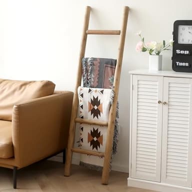 FUIN 57in Wood Blanket Ladder Living Room Decorative Wall Leaning Farmhouse Quilt Display Holder Rustic Wooden Towel Rack for Bathroom, Brown - Image 6