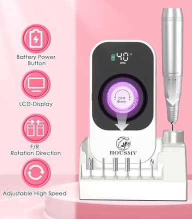 Portable Nail Drill Electric File: 40000RPM Professional Rechargeable Nail E-File Machine, Cordless Nail Drill with Bits & Base for Acrylic Nails Remove Nail Gel Polish Manicure for Salon Home, White - Image 2