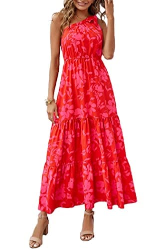 PRETTYGARDEN Women's Summer Floral Maxi Dress Knot One Shoulder Sleeveless Ruffle Flowy Boho Beach Wedding Guest Dresses (Red Floral,Small) - Image 1