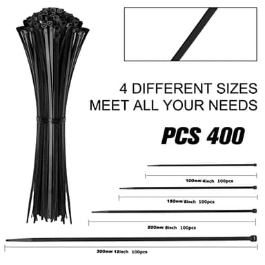 Cable Zip Ties,400 Pack Black Assorted Sizes 12+8+6+4 Inch,Multi-Purpose Self-Locking Nylon Cable Cord Management ,Plastic Wire Ties for Home,Office,Garden,Workshop. By HAVE ME TD - Image 2