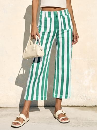 Tankaneo Womens Cropped Striped Jeans Casual High Waisted Stretchy Straight Leg Denim Pants with Pockets Green - Image 2