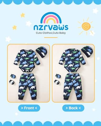 NZRVAWS Newborn Baby Boy Clothes Layette Essentials Infant Long Sleeve Romper Pants Hat 4-Pack Outfits Set Fall Winter 3-6 Months - Image 4