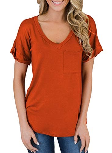 MIHOLL Women's Short Sleeve V-Neck Shirts Loose Casual Tee T-Shirt (11_Orange, X-Large) - Image 3