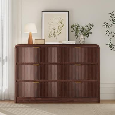 FURSUN Fluted 6 Drawers Dresser for Bedroom, 54" Wide Wooden Dresser with Metal Handle, Curved Profile Design, Modern Storage Organizer for Bedroom, Hallway (Walnut) - Image 1