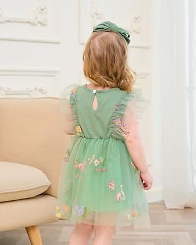 Renotemy Infant Baby Girl Tulle Tutu Dress Green Embroidery Sleeveless Boho Fairy Baptism Princess Wedding Birthday Party Dresses for Baby Girls with Flower Headband 6-12 Months - Image 4