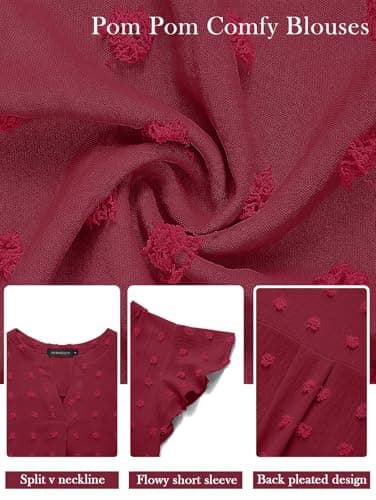 MEROKEETY Women Short Sleeve Notched V Neck Blouse Summer Casual Swiss Dot Boho Solid Top WineRed Large - Image 5