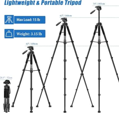 JOILCAN Tripod Camera Tripods, 74" Tripod for Camera Phone Video Recording, Heavy Duty Cameras Tripod Stand, Professional Travel DSLR Tripods Compatible with Canon iPhone, Max Load 15 LB - Image 2