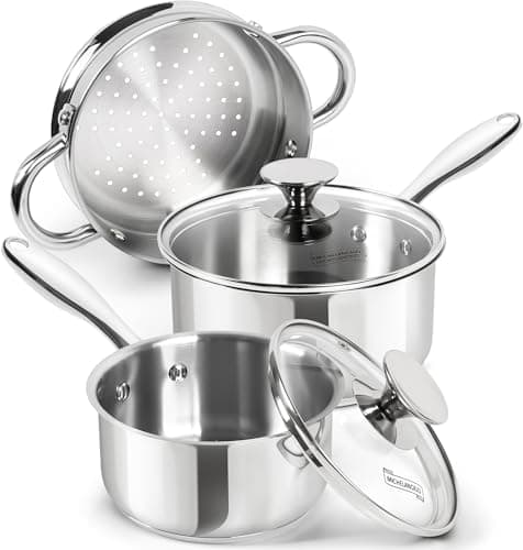 MICHELANGELO Stainless Steel Saucepans with Steamer 5Pcs, 18/10 Saucepan Set with Glass Lids, Sauce Pot Set with Triply Bottom Induction Compatible - 1QT & 2QT - Image 1