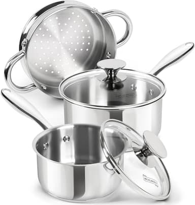 MICHELANGELO Stainless Steel Saucepans with Steamer 5Pcs, 18/10 Saucepan Set with Glass Lids, Sauce Pot Set with Triply Bottom Induction Compatible - 1QT & 2QT - Image 1