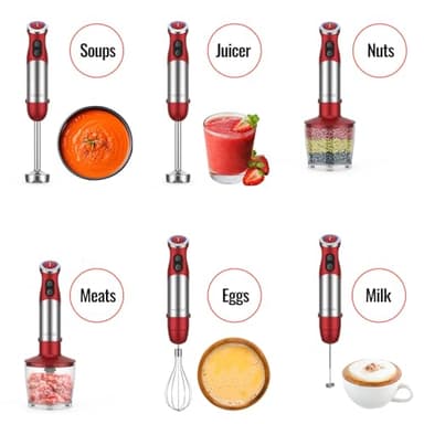 KOIOS 5-in-1 Hand Immersion Blender, 1000W 12 Speed Handheld Blender Stick with Copper Motor Stainless Steel Blade, 600ml Mixing Beaker,500ml Food Processor, Whisk, Milk Frother, Non-BPA, Red - Image 3