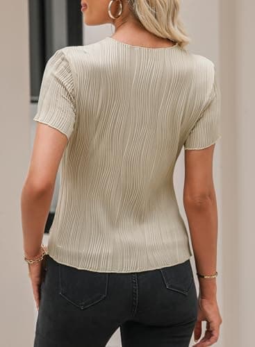 EVALESS Womens Tops Dressy Casual Trendy Summer Short Sleeve Round Neck Textured Blouses 2025 Fashion Slim Cute Lettuce Trim T Shirts Clothes Outfits,Apricot Medium - Image 5