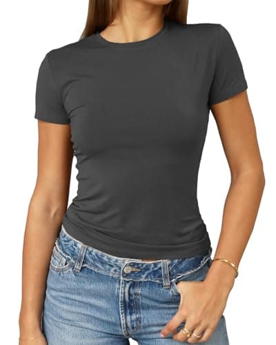 Abardsion Women's Casual Basic Going Out Crop Tops Slim Fit Short Sleeve Crew Neck Tight T Shirts 2025 (Deep Grey, M) - Image 1