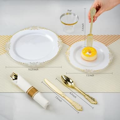 Bestluck 350PCS Gold Plastic Plates for 50 Guests, Disposable Dinnerware Sets Include 100 Gold Rim Plastic Plates, 50 Silverwares, 50 Cups, and 50 Pre Rolled Napkins for Party, Wedding, Graduation - Image 2