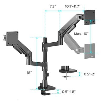 ARES WING Dual Monitor Arm Desk Mount for 17-49 Inch Ultrawide Monitors, Heavy Duty Dual Monitor Mount Holds 44 lbs, Full Motion Gas Spring Vertical Stacked Monitor Mount, 75/100 VESA Mount, Black - Image 9