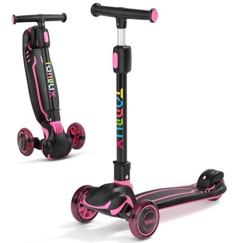 TONBUX Kids Scooter, Light Up 3 Wheel Kick Scooters for Kids 3-12, Folding Scooters with Adjustable Height - Toddler Scooter Lean-to-Steer & Widen Anti-Slip Deck - Rose Purple - Image 1