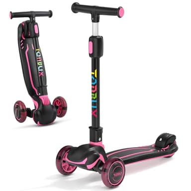 TONBUX Kids Scooter, Light Up 3 Wheel Kick Scooters for Kids 3-12, Folding Scooters with Adjustable Height - Toddler Scooter Lean-to-Steer & Widen Anti-Slip Deck - Rose Purple - Image 1