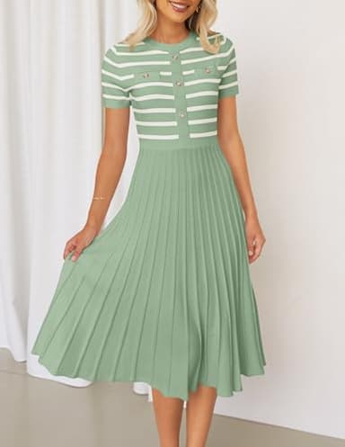ZESICA Women's 2025 Casual Striped Midi Dress Crewneck Short Sleeve Button Ribbed Knit Swing Pleated A Line Dresses,Light Green,Large - Image 3