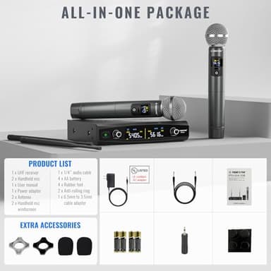 Phenyx Pro Wireless Microphone System, Metal Wireless Mic Set, Handheld Cordless Dynamic Microphones for Singing, Karaoke, Church, 2x30 UHF Tunable Frequencies,200 ft Range (PTU-52-2H) - Image 7