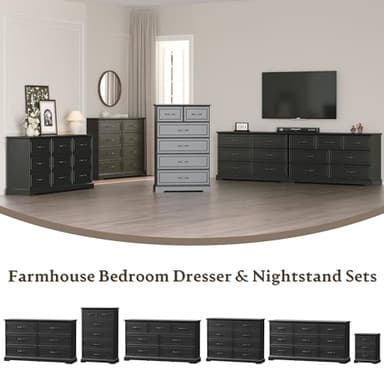 Farmhouse 9 Drawers Dresser for Bedroom, 63" Wide Modern Chest of Drawers with Deep Drawers & Bar Handles, Rustic Wood Dresser TV Stand, Wooden Closet Storage Organizer for Living Room, Hallway, Black - Image 7