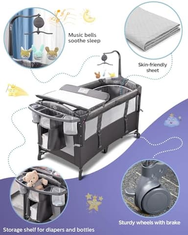 ADOVEL Baby Bassinet Bedside Crib, Pack and Play with Mattress, Diaper Changer and Playards from Newborn to Toddles, Grey - Image 3