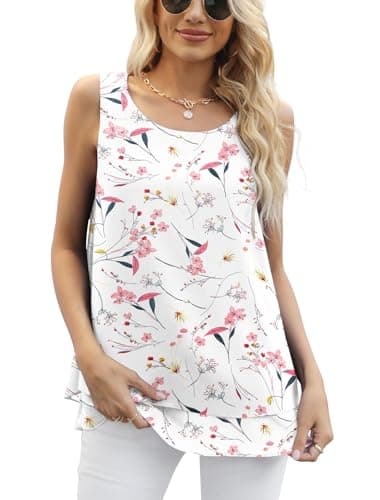 Jouica Summer Sleeveless Blouses for Women Business Casual Chiffon Tank Tops Flowy Loose Blouses,FenHua White,Medium - Image 2