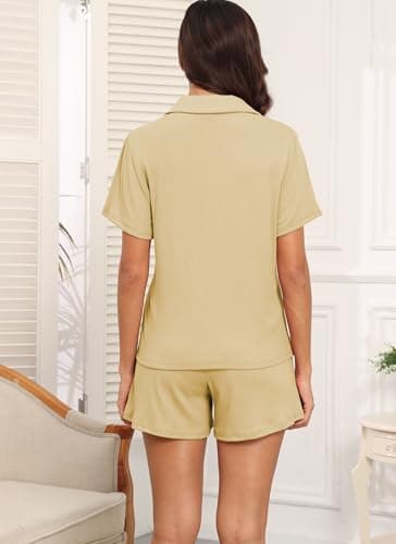 BEKOFO Women Ribbed Knit Pajamas Button Down Lounge Set 2 Pieces Pj Sets Loungewear Apricot S - Image 3