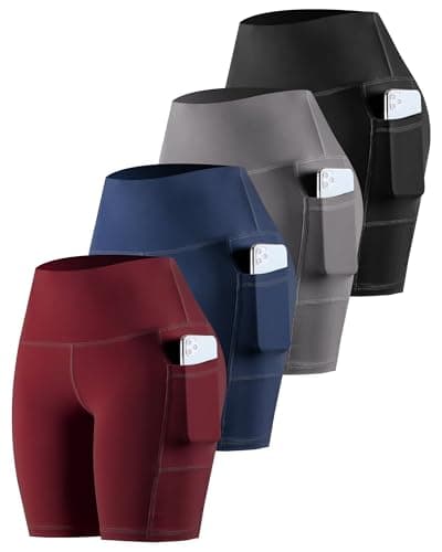CHRLEISURE Womens Biker Yoga Shorts with Pockets: High Waisted Tummy Control Spandex Workout Athletic Gym Shorts 4 Packs(8'' Black,Gray,Navy,Wine, XL) - Image 1