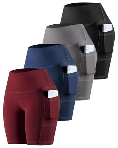CHRLEISURE Womens Biker Yoga Shorts with Pockets: High Waisted Tummy Control Spandex Workout Athletic Gym Shorts 4 Packs(8'' Black,Gray,Navy,Wine, XL) - Image 1