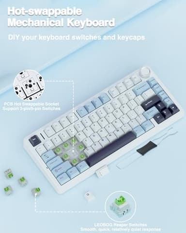 AULA F75 75% Wireless Mechanical Keyboard, Hot Swappable Creamy Keyboard, Pre-lubed Reaper Switches, 2.4GHz/Type-C/BT5.0, RGB Backlit Gaming Keyboards(White & Blue) - Image 5