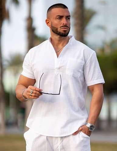 COOFANDY Men's Cotton Linen Henley Shirt Short Sleeve Hippie Casual Beach T-Shirts with Pocket - Image 4
