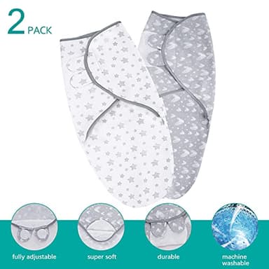 Biloban Baby Swaddles 0-3 Months for Boy Girls, Newborn, Organic Cotton Adjustable Blanket, Lovely Grey Print, 2 Pack - Image 2