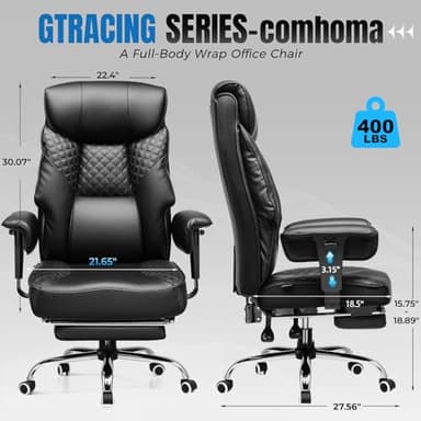 GTRACING Big and Tall Office Chair 400LBS Wide Ergonomic Gaming Chair with Deluxe Embossing Designed Leather with Foot Rest,150°Reclining Adjustable Soft Armrests Pocket Spring Back Support and Pillow - Image 2