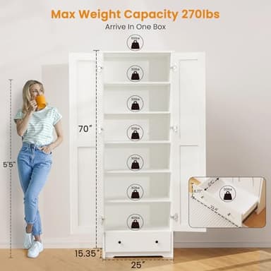 Teekyooly 70" Farmhouse Kitchen Pantry Cabinet, Tall Large Wood Storage Cabinet with 6 Adjustable Shelves, 2 Barn Doors & Drawer for Bathroom, Dining Room, Antique White - Image 3