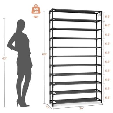 VILICK 11 Tiers Tall Wide Shoe Rack 55 Pairs Large Capacity Sturdy Durable Shoe Rack for Closet Metal Shoe Organizer Shelf with Two Hooks Space Saving for Entryway Black - Image 3