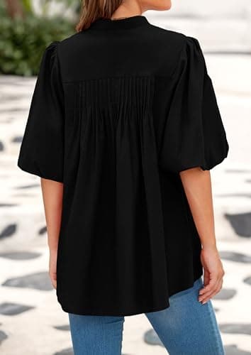 PRETTYGARDEN Women's 2025 Summer Short Lantern Sleeve Tops Loose Fit Button Down Shirt Pleated V Neck Blouses Trendy Clothes (Black,X-Large) - Image 8