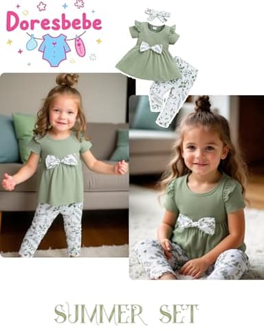Doresbebe 18-24 Months Baby Girl Clothes Toddler Girl Outfits Floral Shirt Pants Infant Spring Summer Little Clothes Green - Image 3